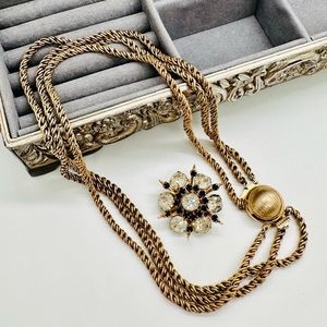 Vintage Box Clasp Rope Necklace & Rhinestone Brooch